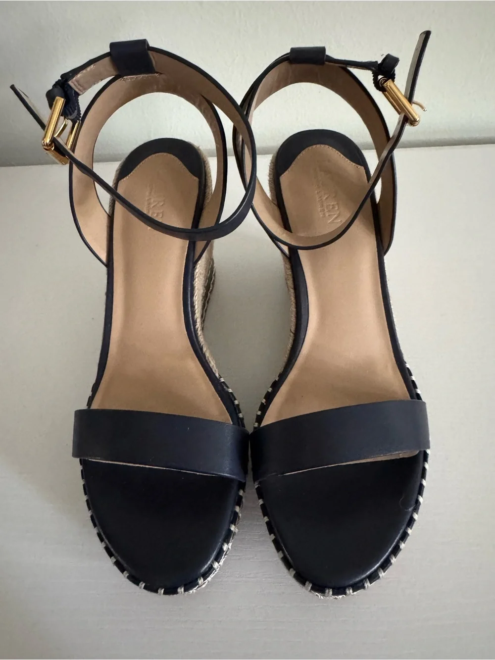 Lauren Ralph Lauren Black Espadrille Wedge Sandals with Gold Buckles